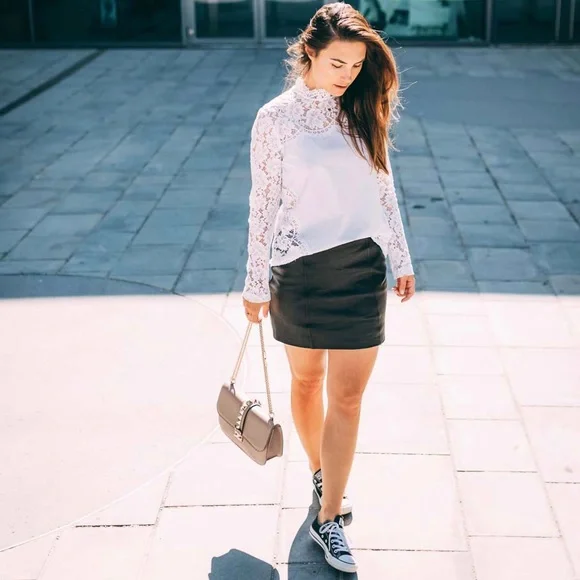 SANDRO | 🤍 White Lace Mock Neck Blouse w/ Thin Pinstripe Panel | Size 1 (Small) - Picture 16 of 16